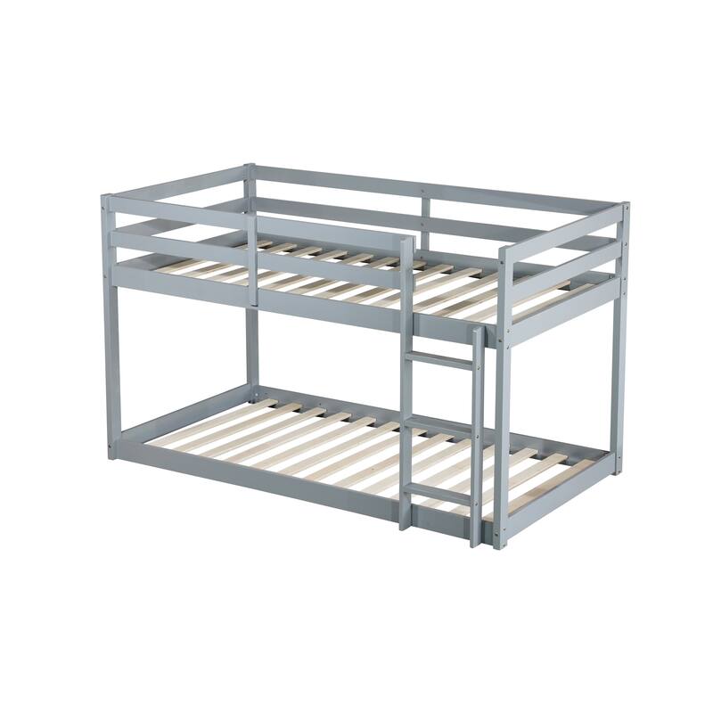 Low Loft Bed with Ladder, Solid Rubber Wooden Bed Frame for Multi Children, Floor Bed - Available with or without Slats