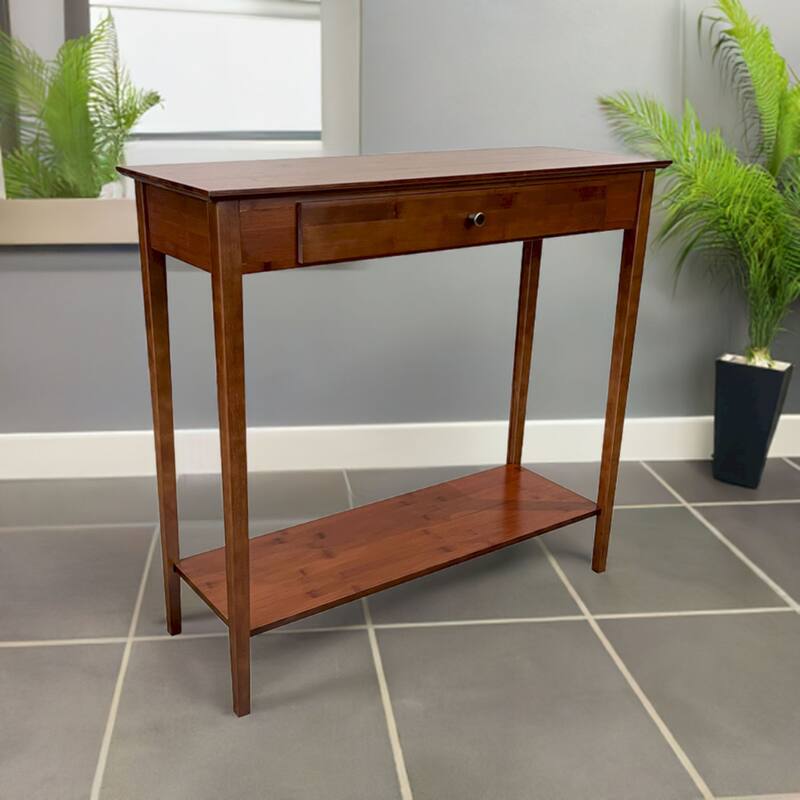 Solid Bamboo 2-Tier Console Table with Drawer