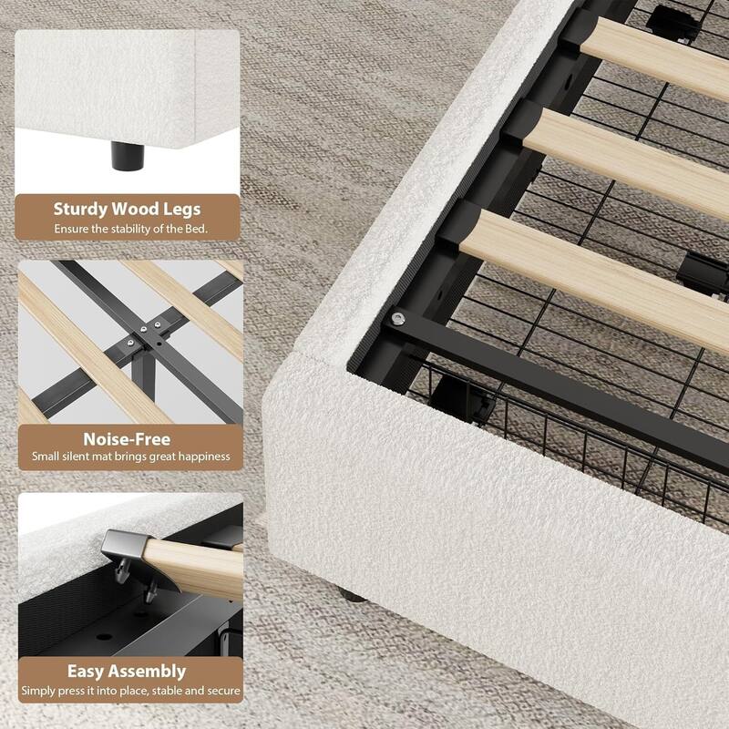 Boucle Upholstered Platform Bed Frame, with 2 Storage Drawers