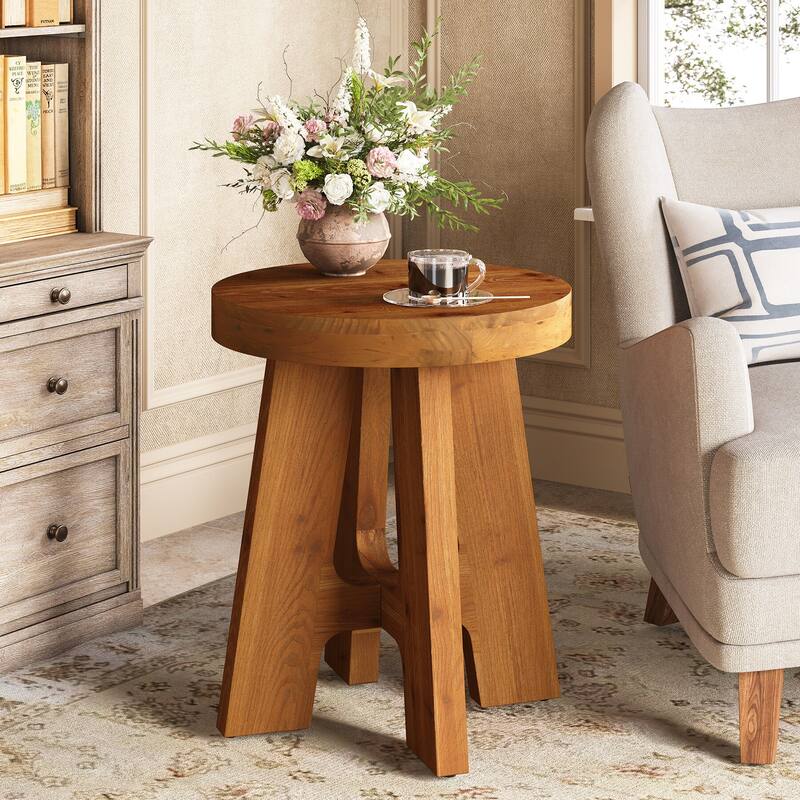 Farmhouse Solid Wood Round End Table Small Side Table for Couch