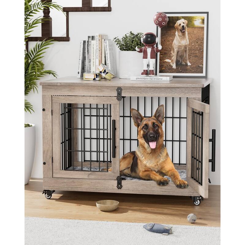 Dog Crate Furniture with Cushion Double Doors Wooden Dog Kennel - 32.5"L x 22.1"W x 25.2"H.  - Grey
