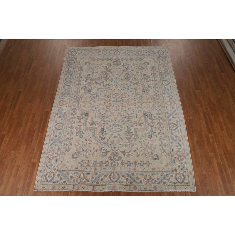 Tabriz Persian Area Rug Handmade Traditional Beige Floral Wool Carpet - 8'0"x 10'11"