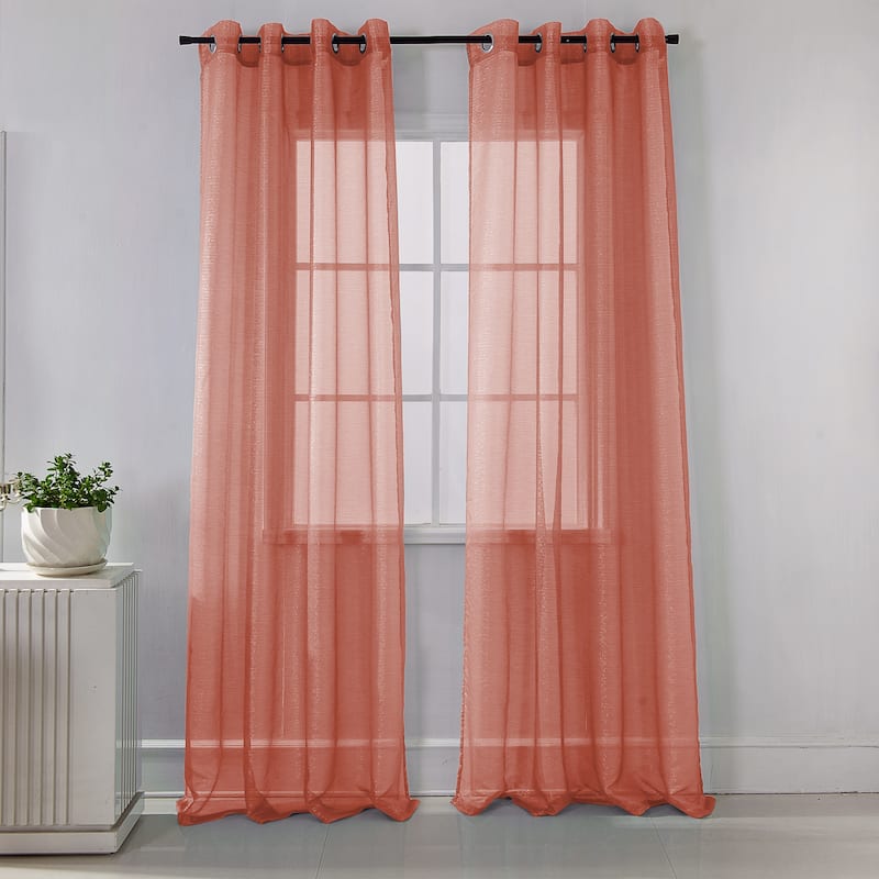 Lonnie Metallic Stripe Sheer Window Curtain Panel 90 inch - Coral