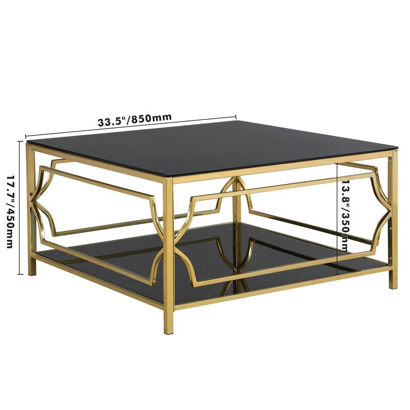 Luxe Square Glass Coffee Table with Geometric Gold Frame & Lower Display Shelf by Harper&Bright Designs