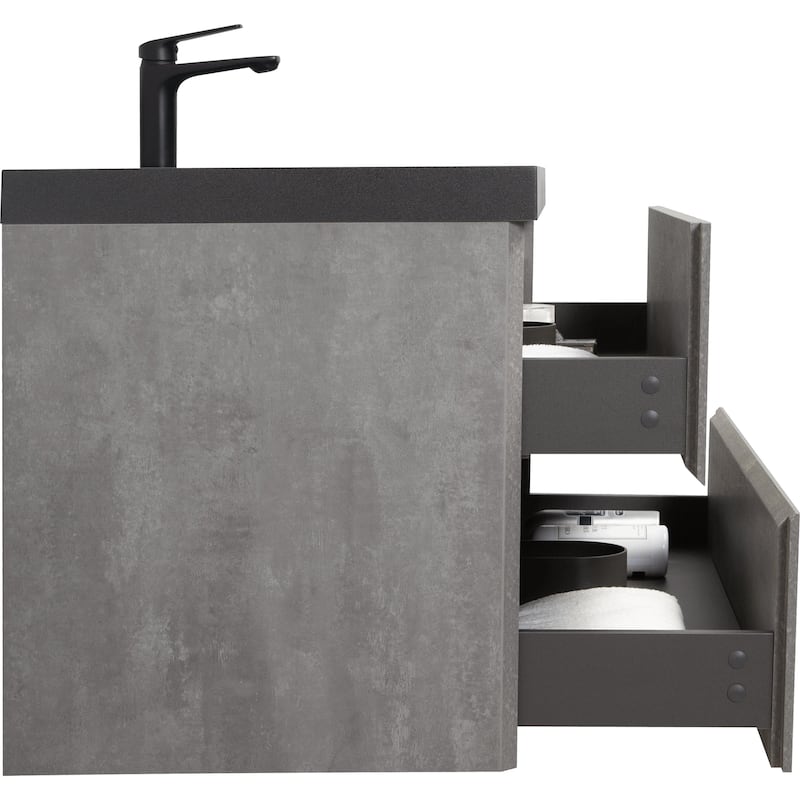 Grey Wall-Mounted Bath Vanity, Quartz Top,Sink and Soft Close Drawers