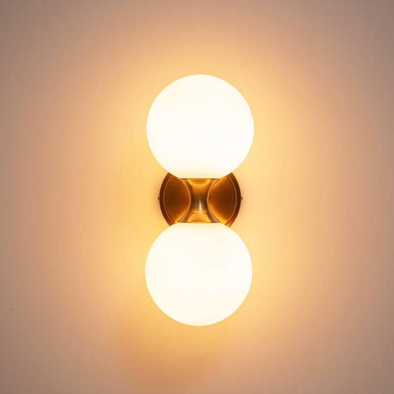2-Light 13.7 in. Modern Brass Frosted Glass Globe Bathroom Vanity Light Up & Down Wall Sconce