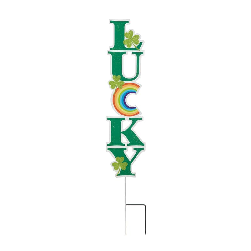 Glitzhome 42"H St. Patrick's Metal Lucky Leprechaun Hat Shamrocks Yard Stakes