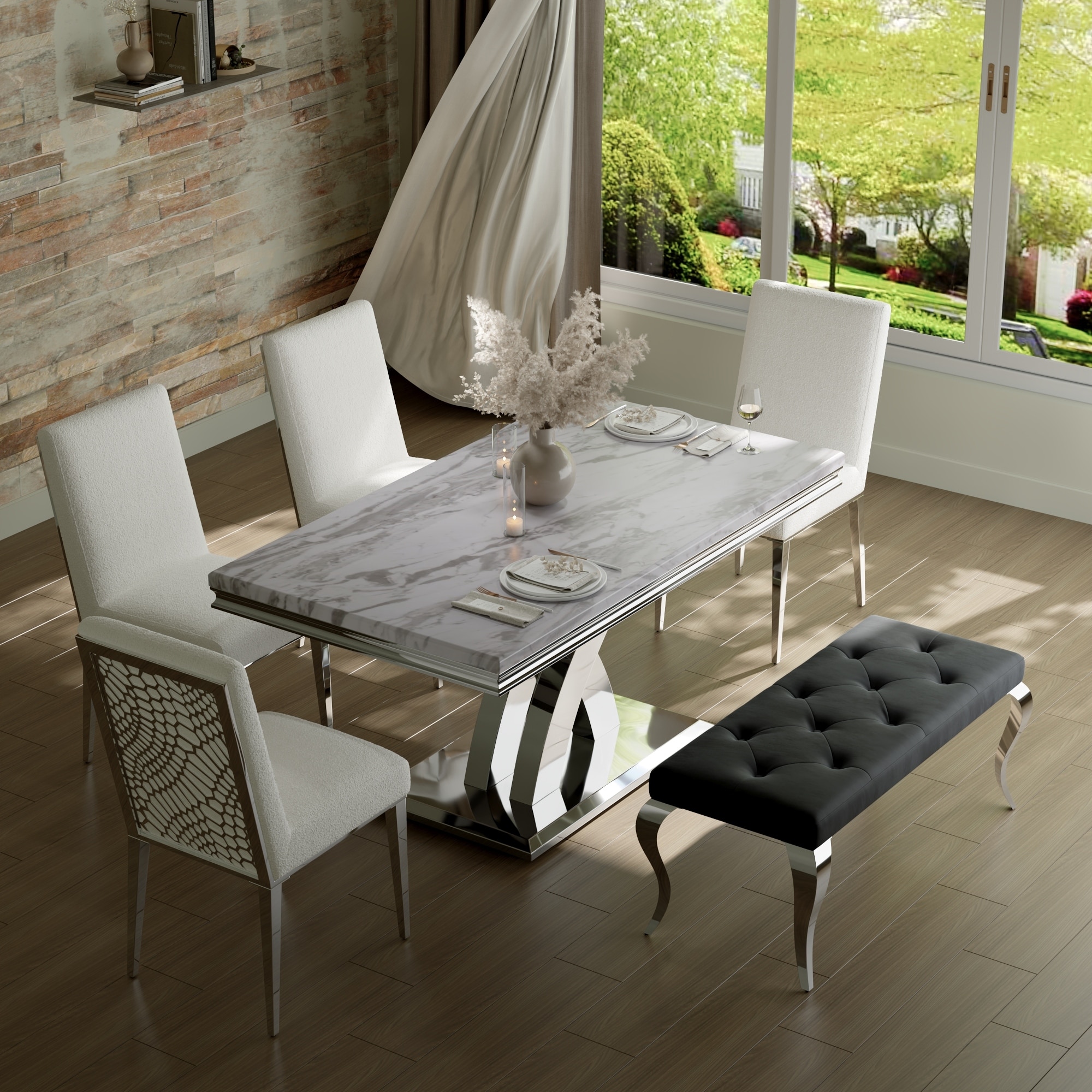White Dining Room Table with Mirrored Silver Metal Cross Base