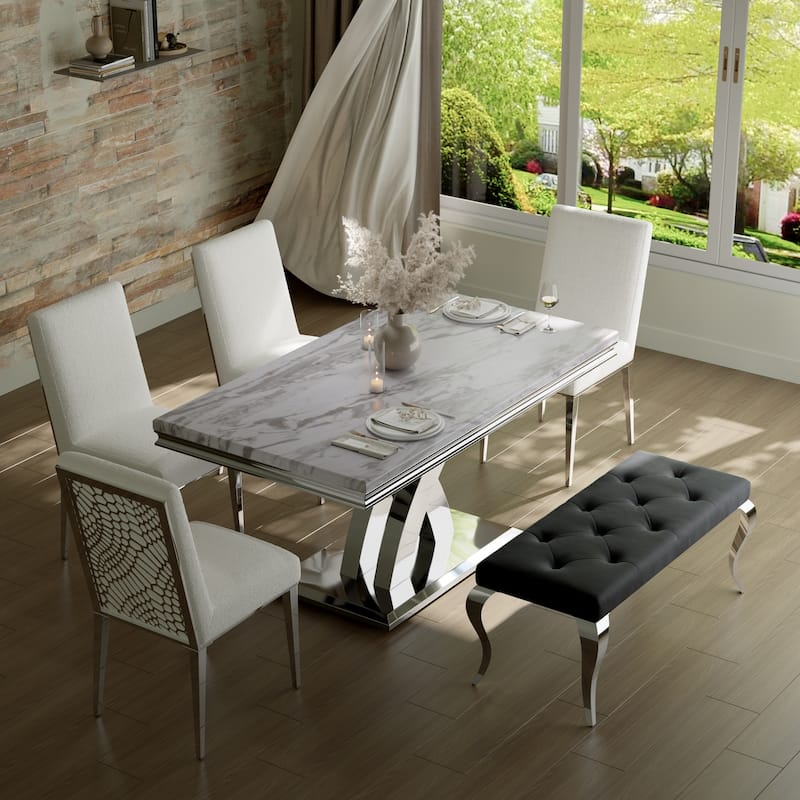 White Dining Room Table with Mirrored Silver Metal Cross Base