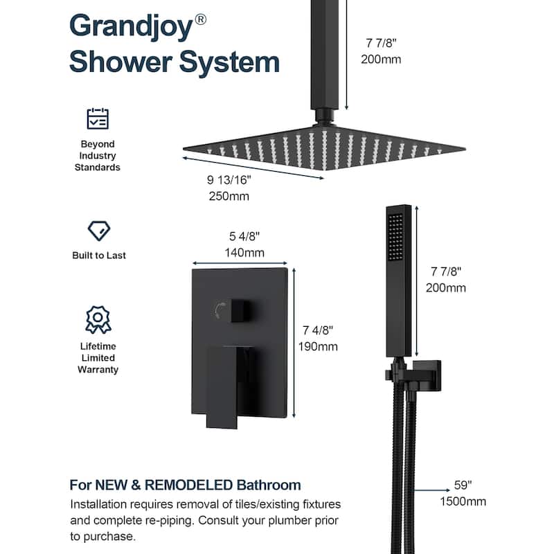 GRANDJOY 10" Rainfall Showerhead Bathroom Shower System Shower Faucets with Anti-Scald Valve