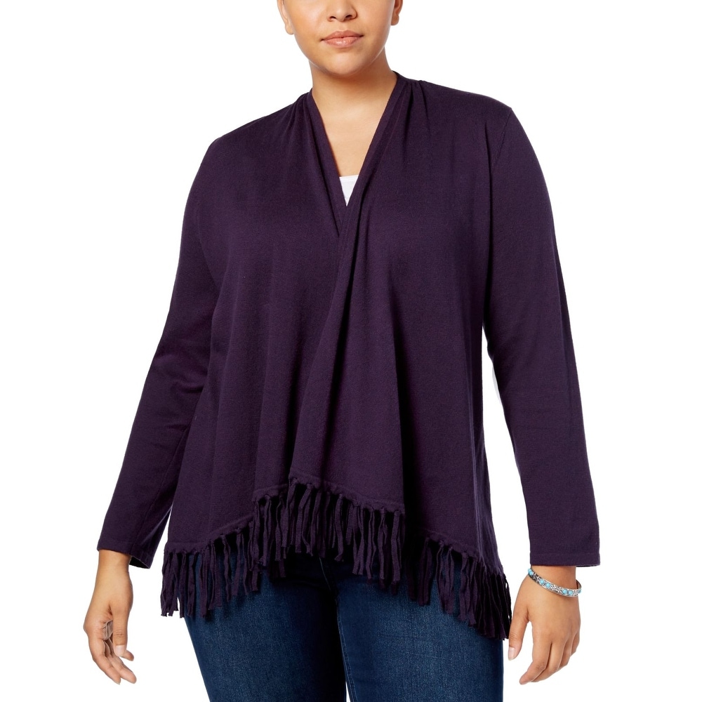 Style /& Co Plus Printed Fringed Open-Front Cardigan Beige