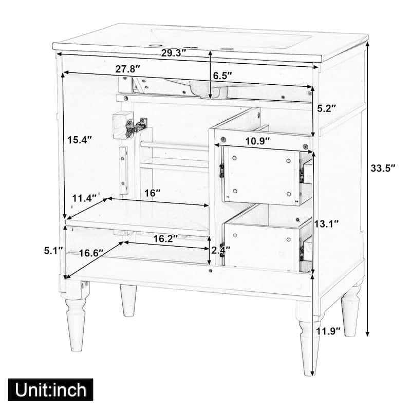 30" Bathroom Vanity with Sink, Freestanding Solid Rubberwood Cabinet with Flip Drawer & Adjustable Shelf