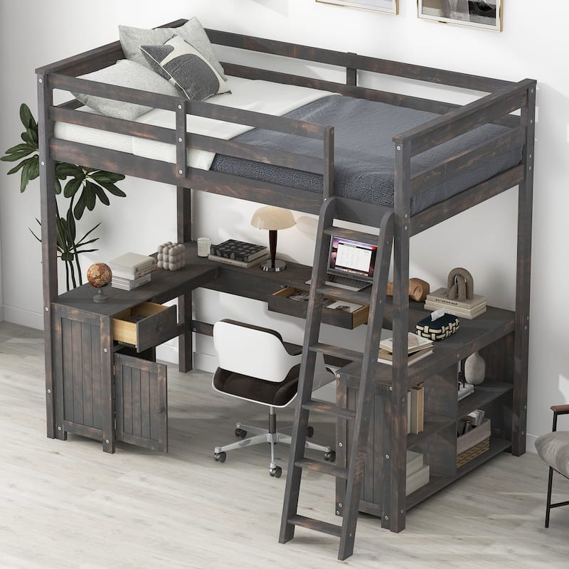 Full Loft Bed with U-Shaped Desk, Storage Drawers, Shelves, and Guardrails, Perfect for Kids and Teens, No Box Spring Needed