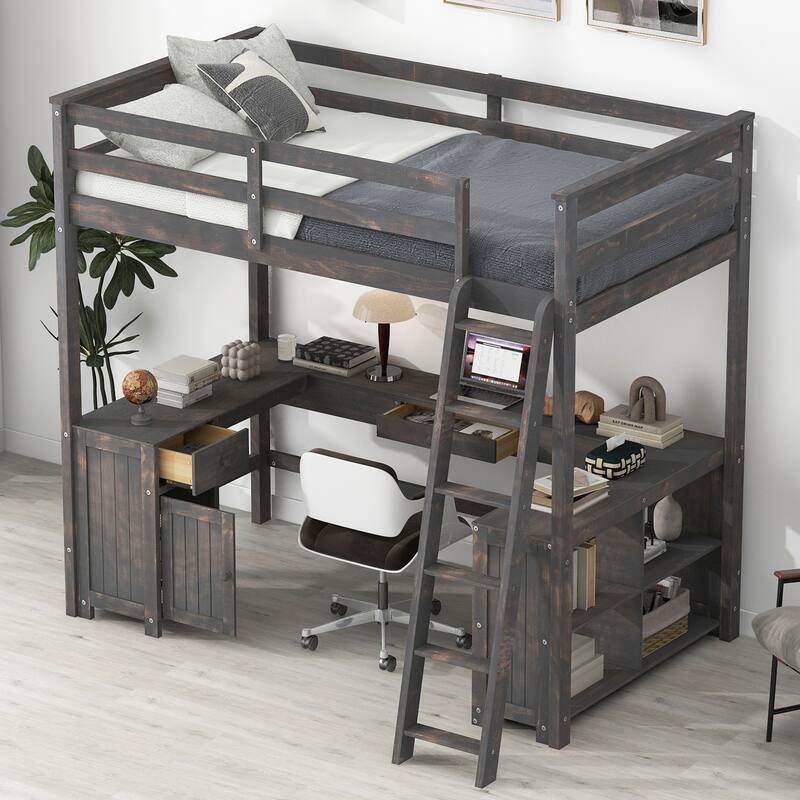 Roomfitters Full Size Wood Loft Bed with U-Shaped Desk, Drawers and Storage Shelves, Antique Brown