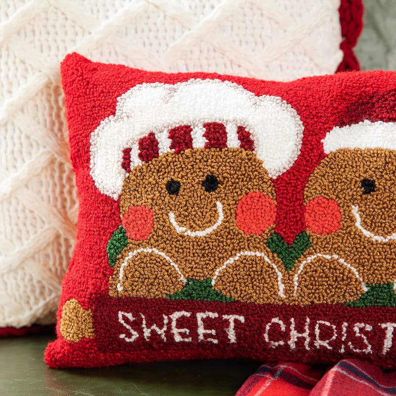 Glitzhome 18"L Hooked Gingerbread Boy & Girl Christmas Throw Pillow