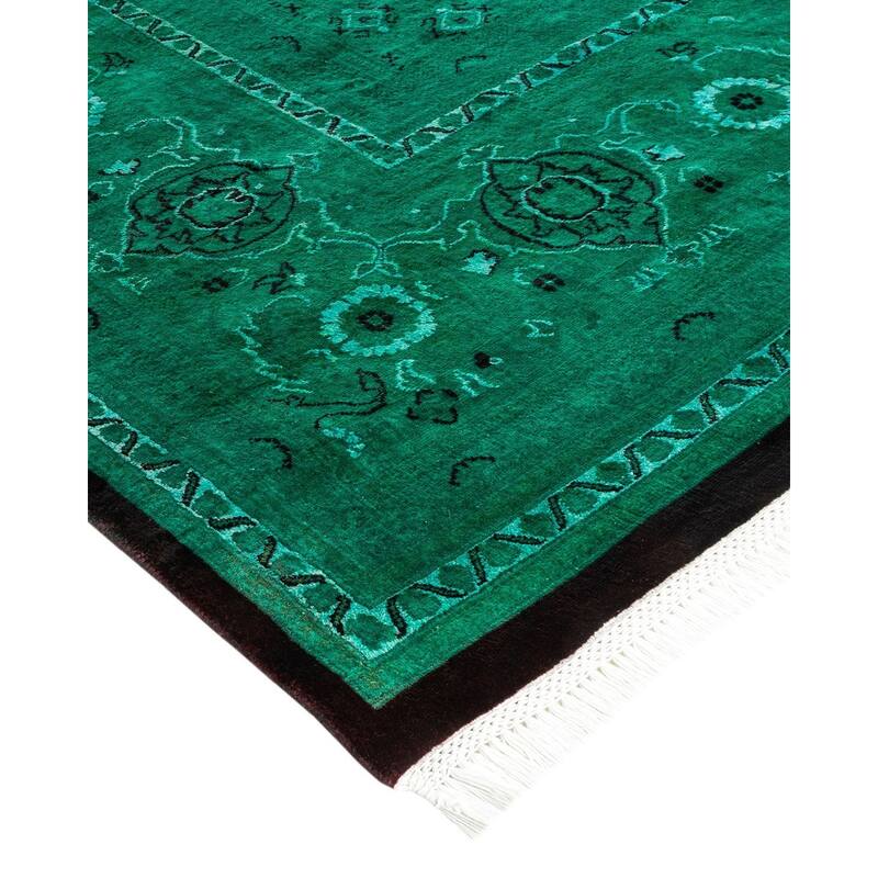 Overton Hand Knotted Wool Vintage Inspired Modern Contemporary Overdyed Green Area Rug - 9' 10" x 14' 8"