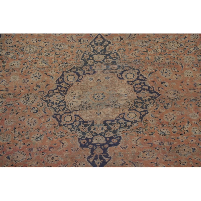 Distressed Kashan Persian Antique Area Rug Handmade Wool Carpet - 9'9" x 13'3"