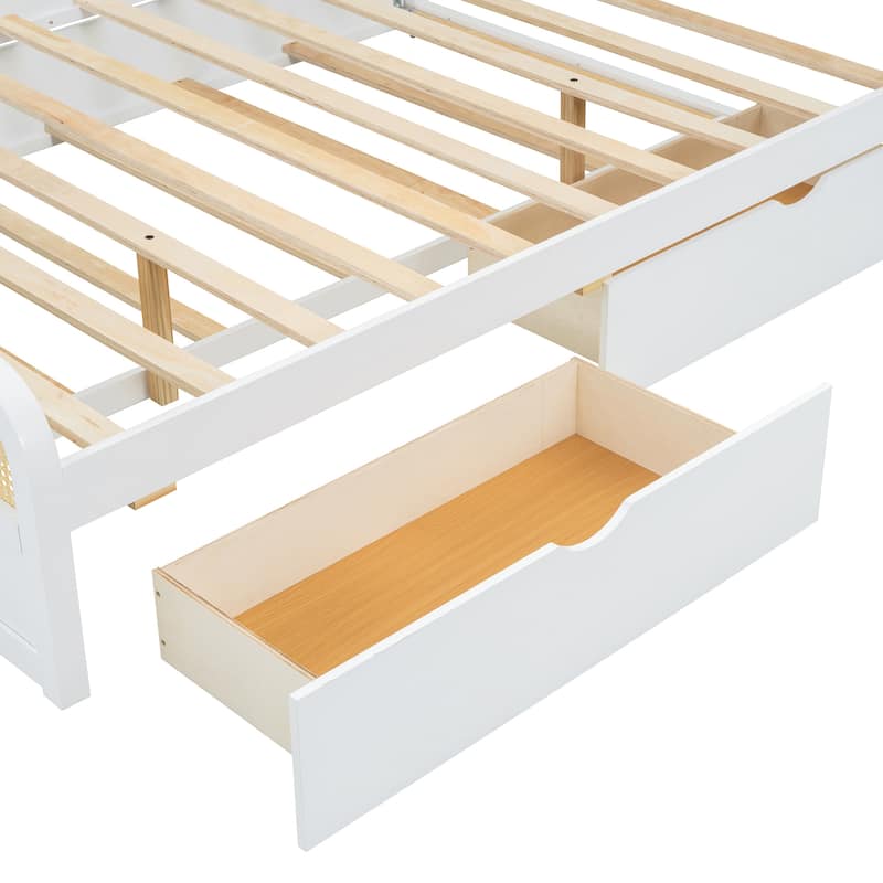 Boho Cane Wooden Platform Bed Queen Storage Bed with Wooden Headboard, Trundle and 2 Storage Drawers