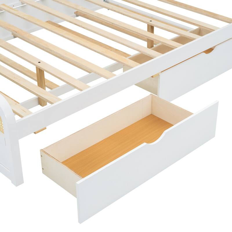 Queen size Wooden Platform Bed with Twin Trundle and 2 Storage Drawers, Classic Rattan Bed Frame with Upholstered Headboard