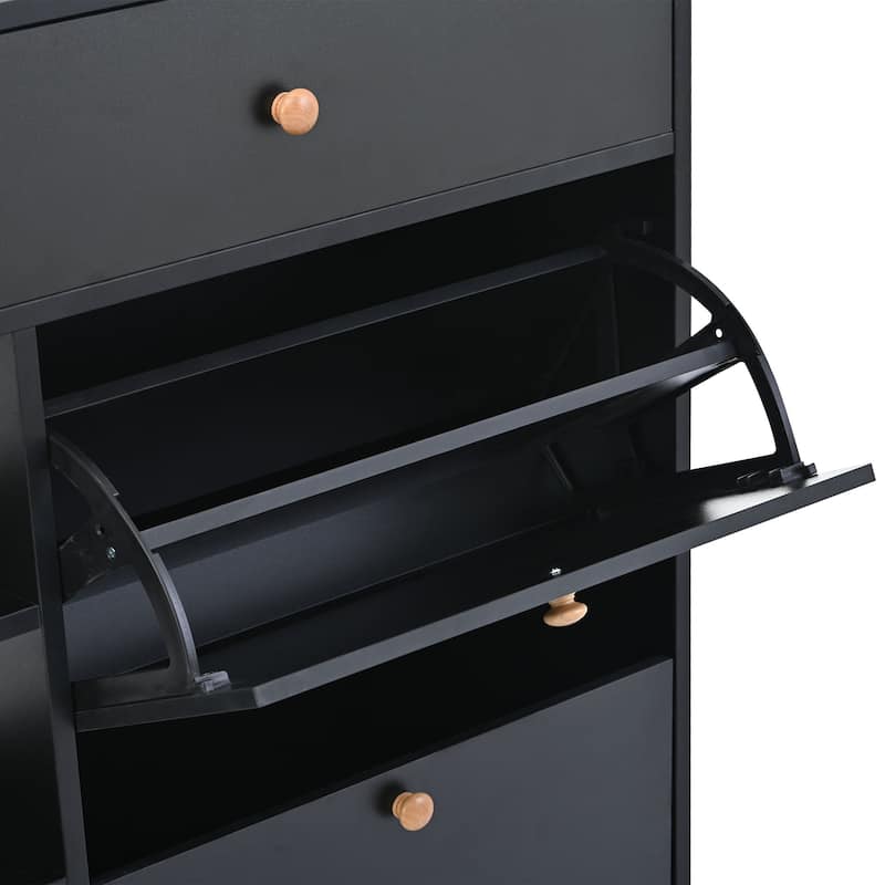 Roomfitters Modern Tipping Bucket Shoe Cabinet with 4 Flip Compartments, Multifunctional 2-Tier Shoe Storage Organizer