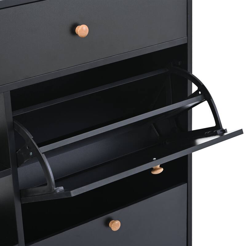 Tipping Bucket Wooden Shoe Cabinet, Multifunctional 2-Tier Shoe Storage Organizer, Narrow Shoe Cabinet with 4 Flip Drawers