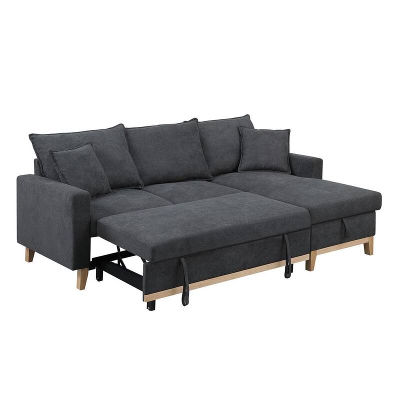 84 Inch Reversible Sleeper Sectional Sofa with Storage Chaise, Modern, Gray - Black