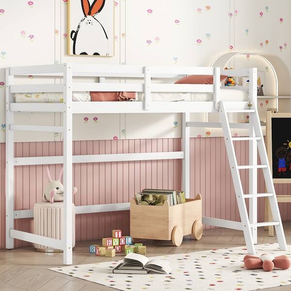slide 2 of 22, Twin Size Pine Wood High Loft Bed with inclined Ladder and Guardrails for Bedroom White