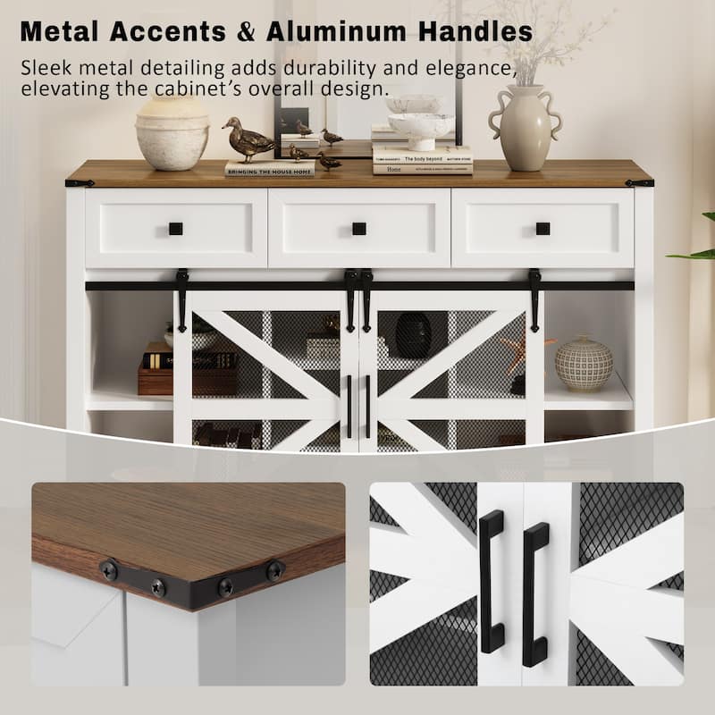 55" Sliding Barn Door Sideboard Buffet Cabinet with 3 Drawers, Adjustable Shelves, Metal Mesh & Particleboard Doors