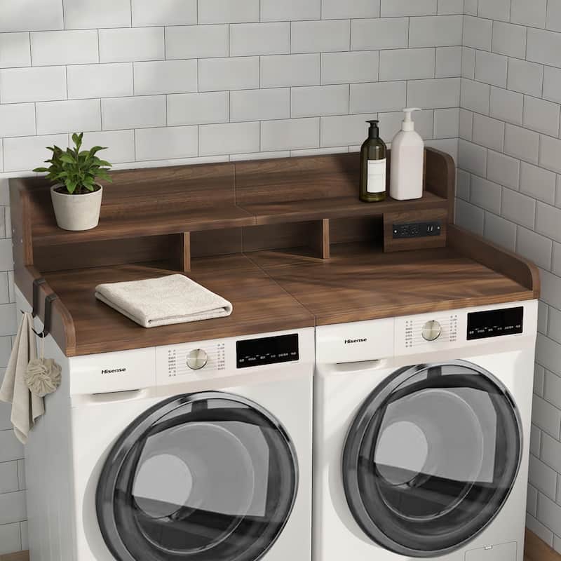 2-Tier Washer and Dryer Countertop with Power Outlet for Fold Clothes, Laundry Topper with Non-Slip Pads and Storage Basket - Walnut