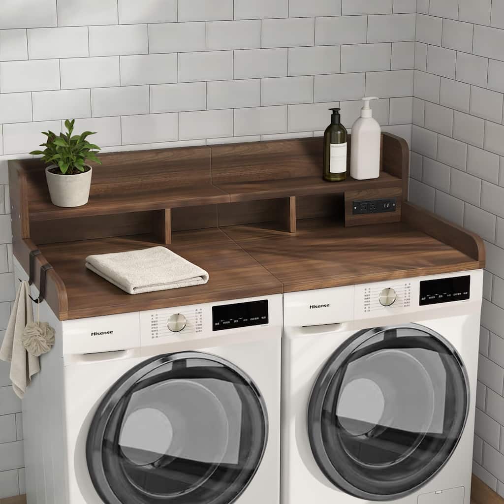 2-Tier Washer and Dryer Countertop with Power Outlet for Fold Clothes, Laundry Topper with Non-Slip Pads and Storage Basket
