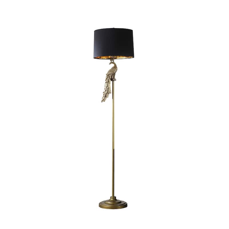 65 Inch Floor Lamp, Peacock, Linen Drum Shade, Pedestal Branch, Gold Finish