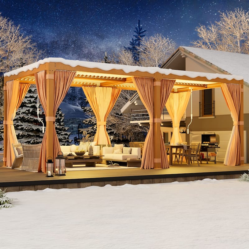 EROMMY Outdoor Louvered Pergola Gazebo with Adjustable Aluminum Rainproof Roof and Pull-Down Screen - 12' x 20' - Wood (Normal curtains)