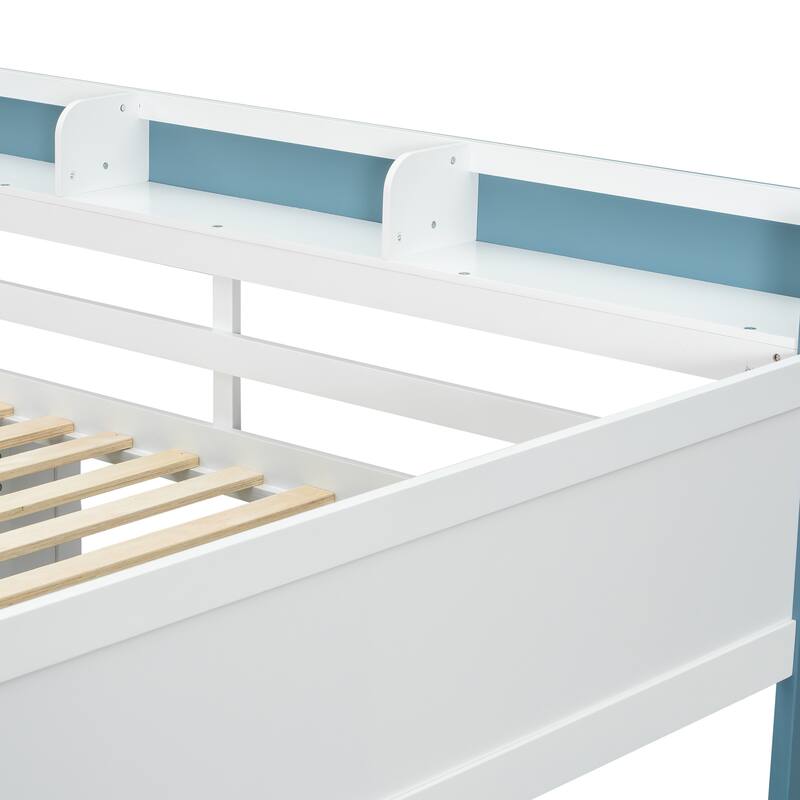 Full Size Wood Study Loft Bed with Built In Desk, Versatile Storage High Loftbed Frame with Shelves, Hanging Rod and Wardrobe