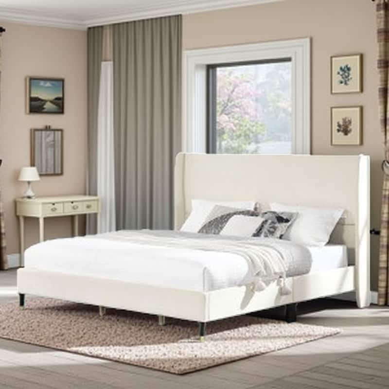 Queen Upholstered Platform Bed in Velvet with Wingback Headboard and Gold-Tipped Legs, Modern Low-Profile Design - King Beige - King