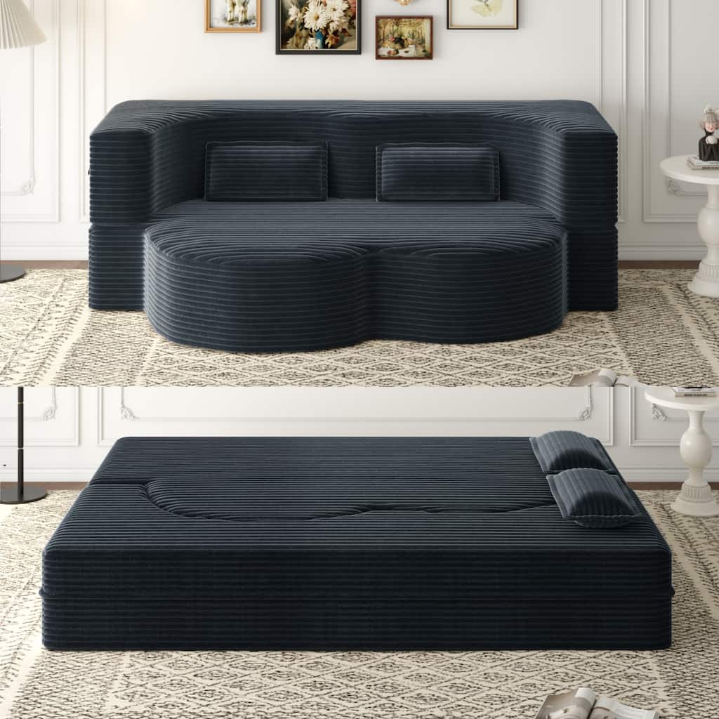 Modern Floor Sofa with 2 Pillows,Convertible Plush Corduroy Foam-Filled Sleeper Sofa Bed,15" Full Size Folding Mattress