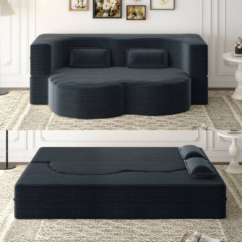 Modern Floor Sofa with 2 Pillows,Convertible Plush Corduroy Foam-Filled Sleeper Sofa Bed,15" Full Size Folding Mattress - DARK GREY