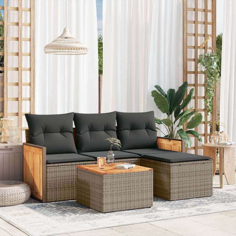 vidaXL Patio Sofa Set with Cushions Outdoor Conversation Furniture Poly Rattan - Grey-With table - 24.4 x 23.2 x 27.2