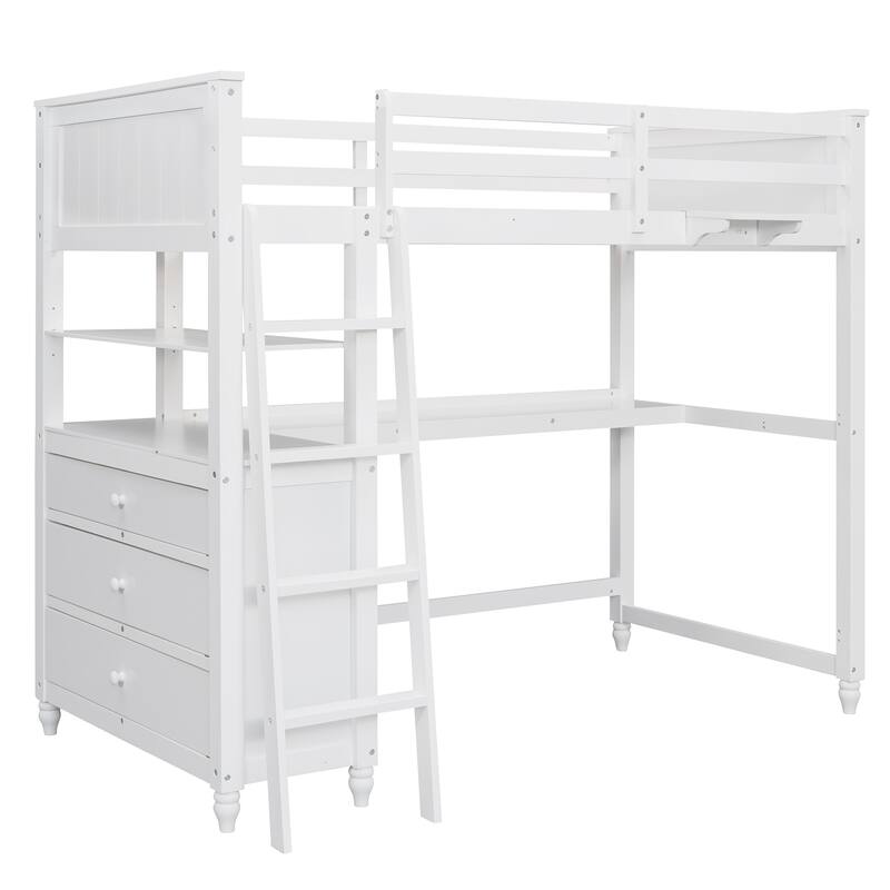 Twin size Loft Bed with Drawers and Desk, Wooden Loft Bed with Shelves