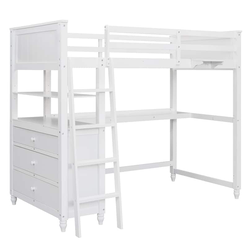 White Twin Loft Bed with Desk, Drawers & Shelves - Space Saving Study & Sleep Solution