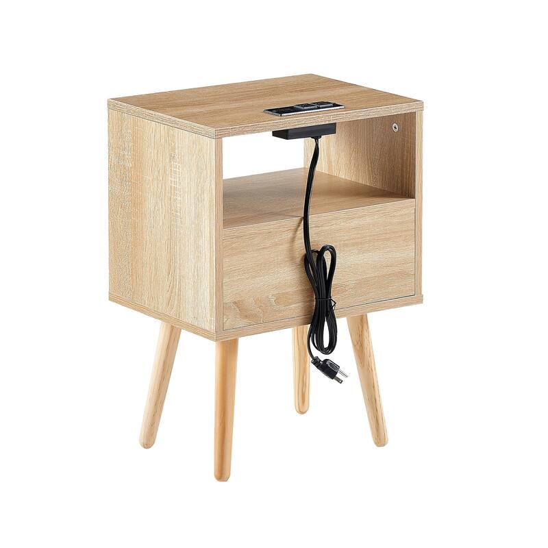 15.75" Rattan End table with Power Outlet & USB Ports, nightstand with drawer and solid wood legs, side table