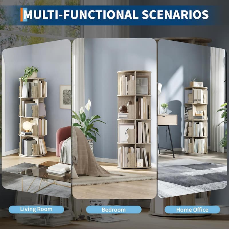 Rotating Bookcase, Standing Shelf with 4 Levels, 360° Floorstanding Wooden Bookcase, Office Shelf