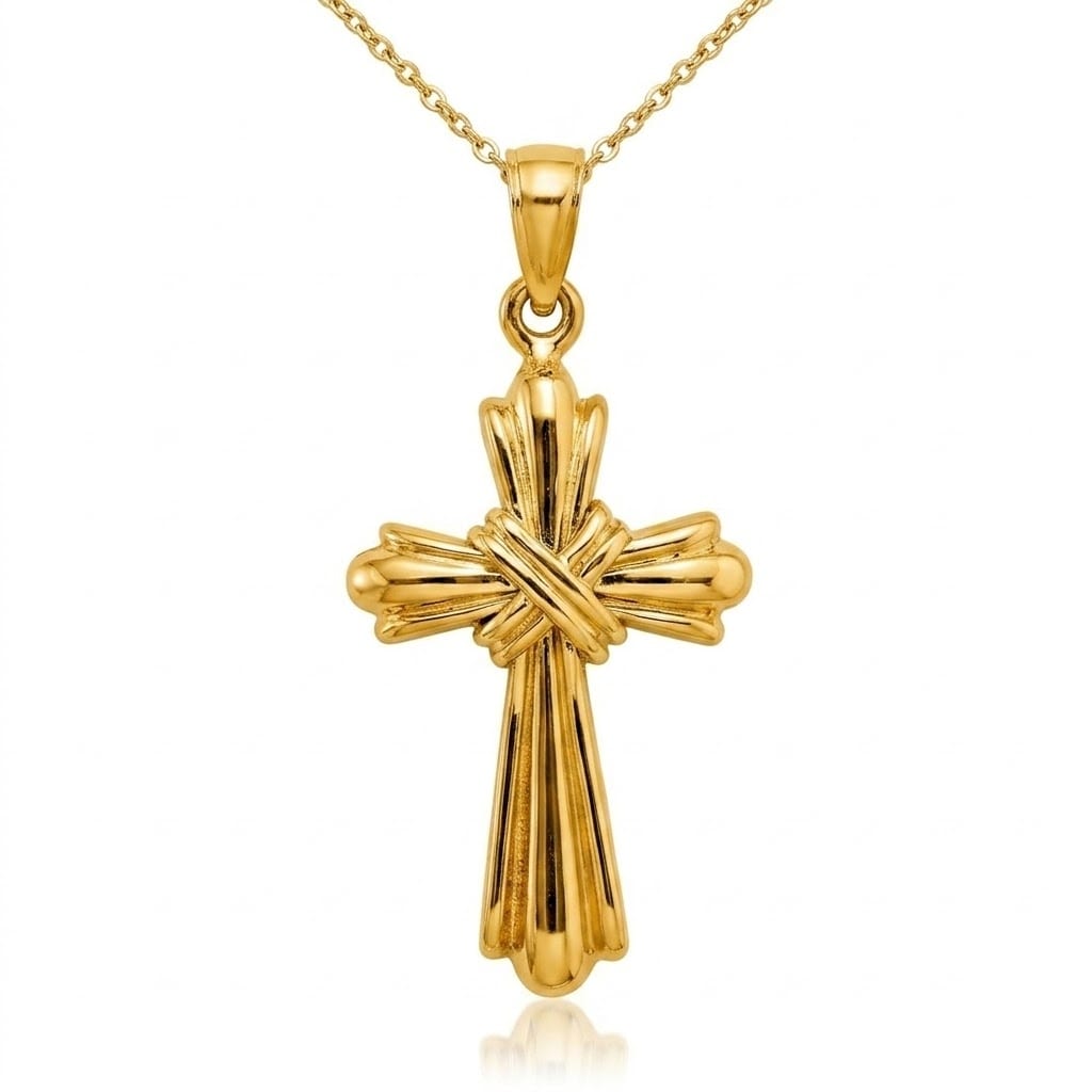 Curata 14k Yellow Gold 18" 33x18mm Ribbed Flared Religious Cross Necklace