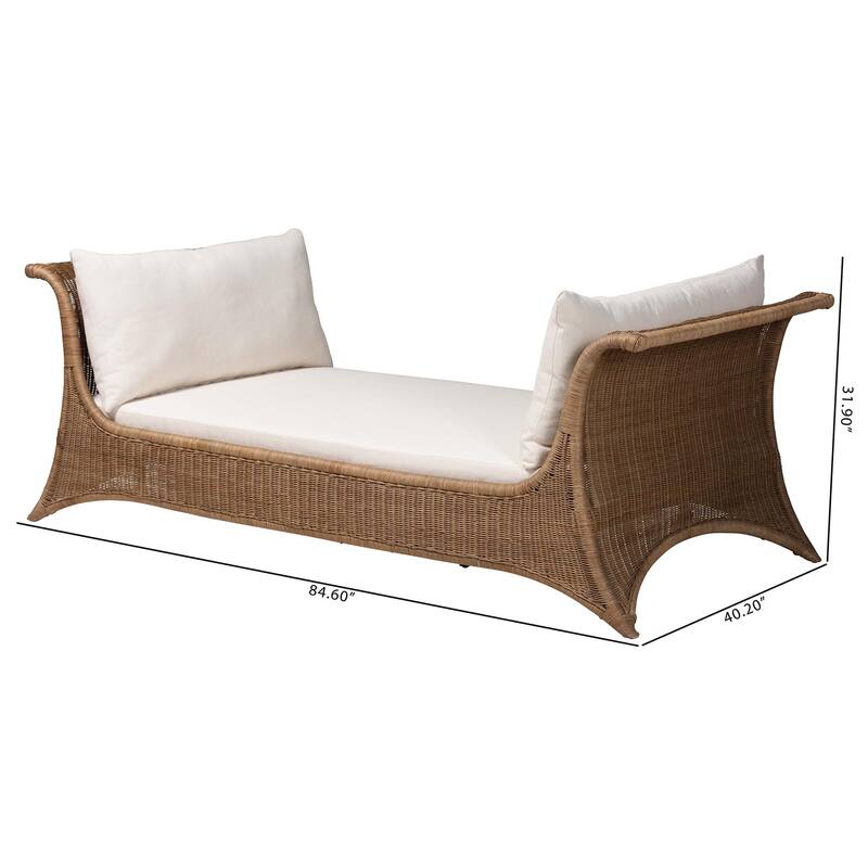 Kalisha Natural Rattan Daybed with Cushions - Coastal Boho Indoor Lounge Sofa Bench for Living Room, Sunroom, or Bedroom