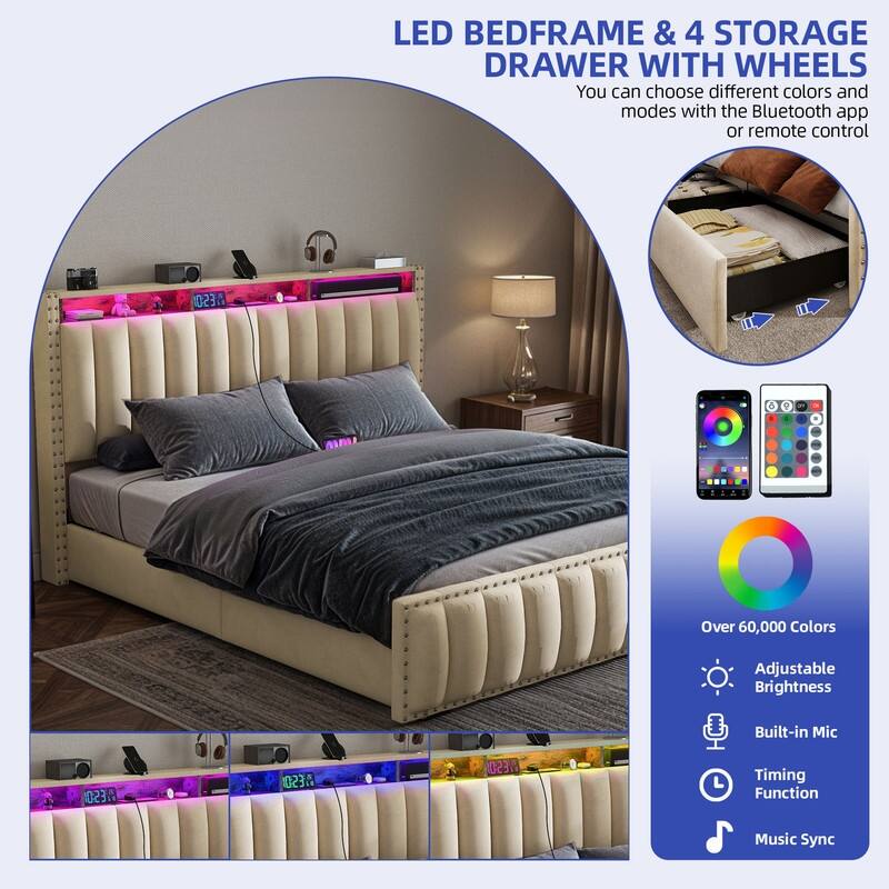 Full / Queen / King Size Platform Bed Frame with Upholstered Storage Headboard and 4 Drawers