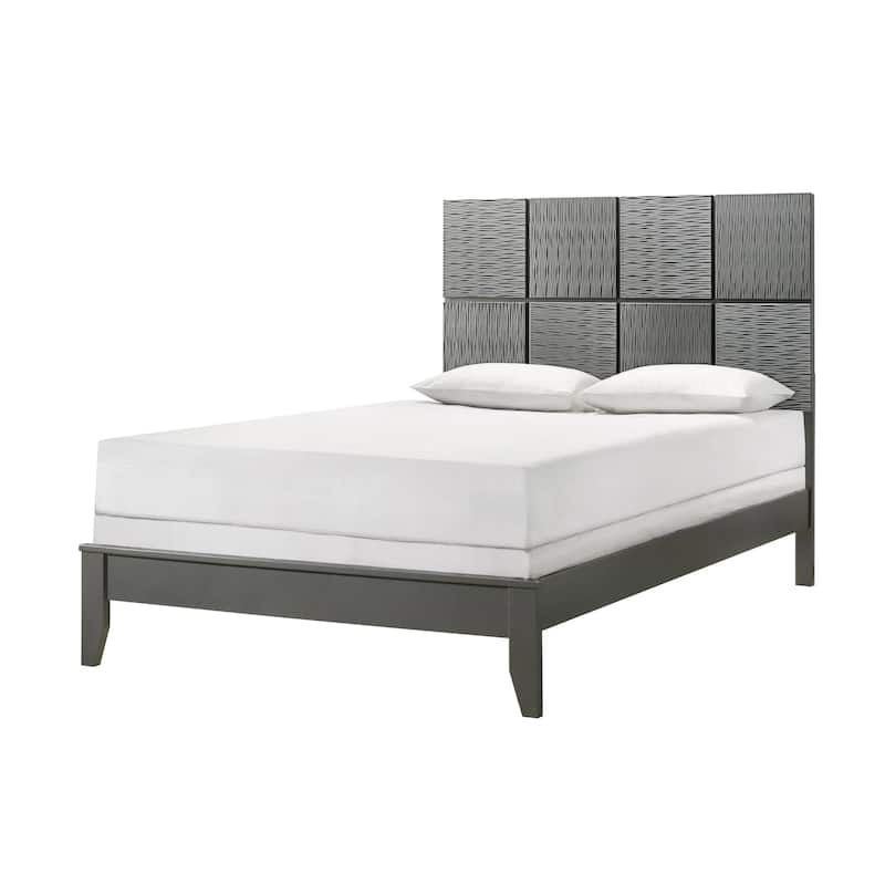 Deny Full Size Bed w Patterned Headboard, Tapered Front Legs, Metallic Gray