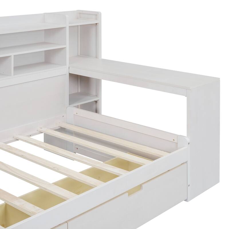 Wooden Twin Size Daybed with Storage Shelves, Multi-functional Bed with Two Storage Drawers and Study Desk