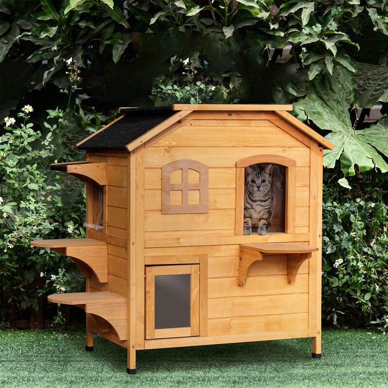 2-Story Outdoor Cat House with Weatherproof Slanted Roof and Escape Door