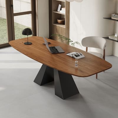 86.6" Modern Large Writing Desk,Brown Solid Wood Table top, Carbon Steel Base