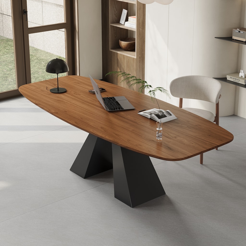 86.6" Modern Large Writing Desk,Brown Solid Wood Table top, Carbon Steel Base