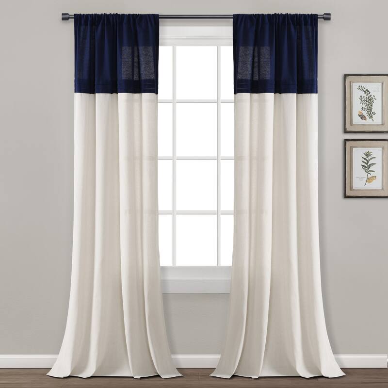 Lush Decor Farmhouse Faux Linen Colorblock Pleated Window Curtain Single Panel - 84" x 40" - Navy/Off-White